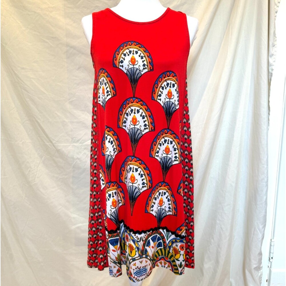Desigual shift dress womens M red fan print sleeveless boho artsy maximalist